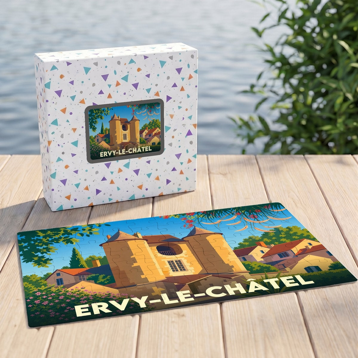 Puzzle souvenir de la ville d'Ervy-le-Châtel avec une illustration stylisée de son patrimoine architectural.