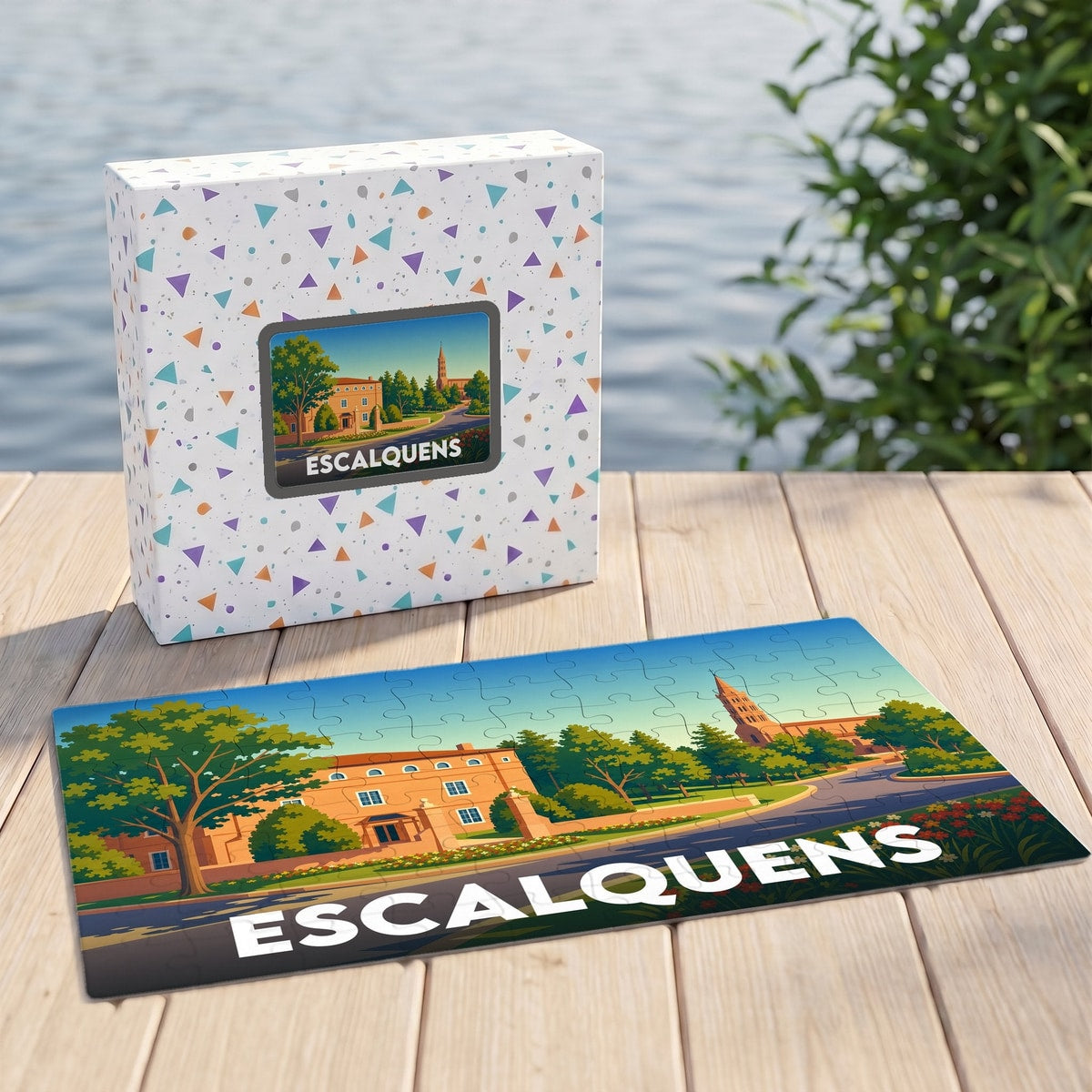 Puzzle souvenir de la ville d'Escalquens avec une illustration stylisée de son paysage urbain.
