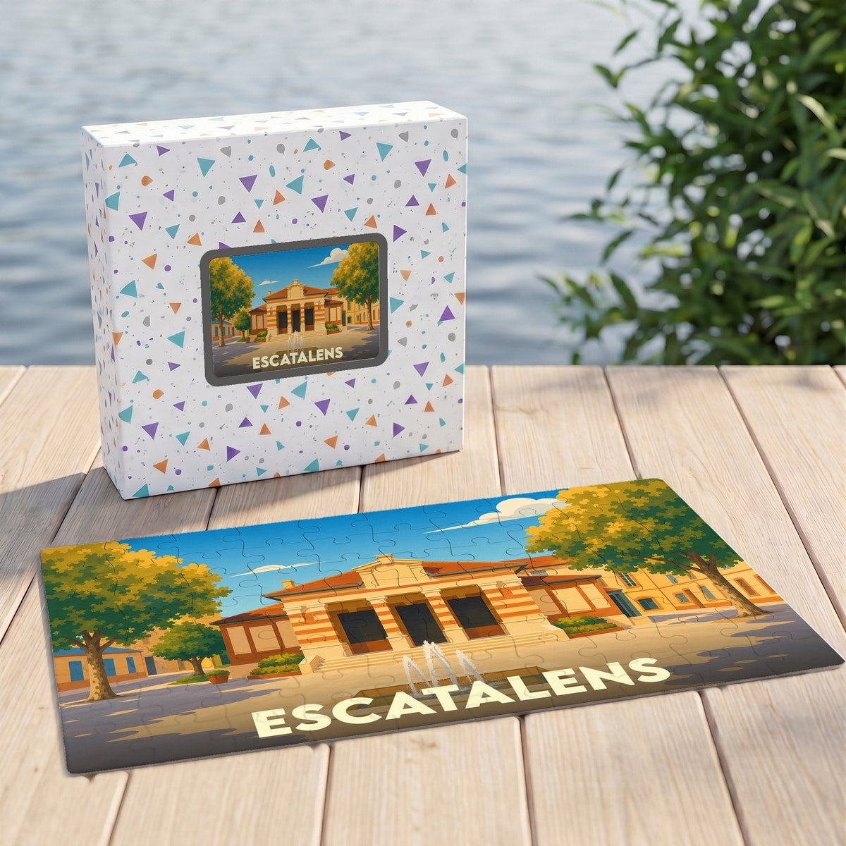 Puzzle souvenir de la ville de Escatalens avec une illustration stylisée et sa boîte assortie.