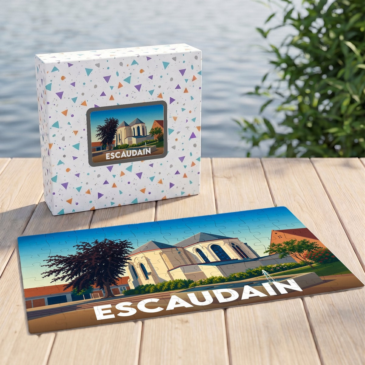 Puzzle souvenir de la ville d'Escaudain avec une illustration stylisée d'un bâtiment historique.