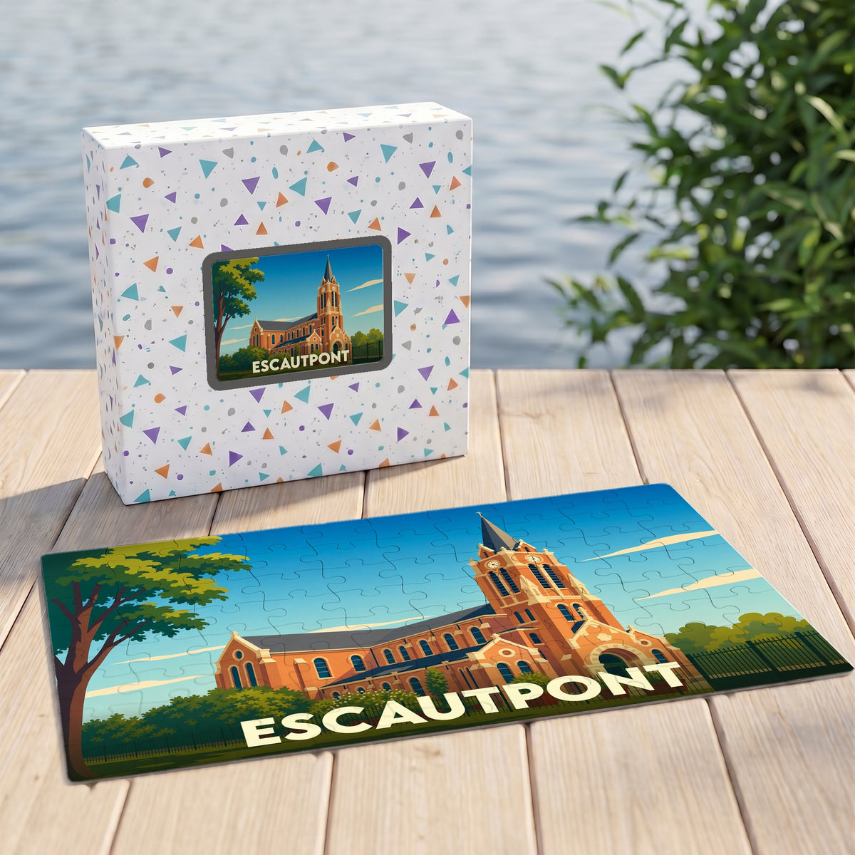 Puzzle souvenir de la ville d'Escautpont avec une illustration stylisée de son église.