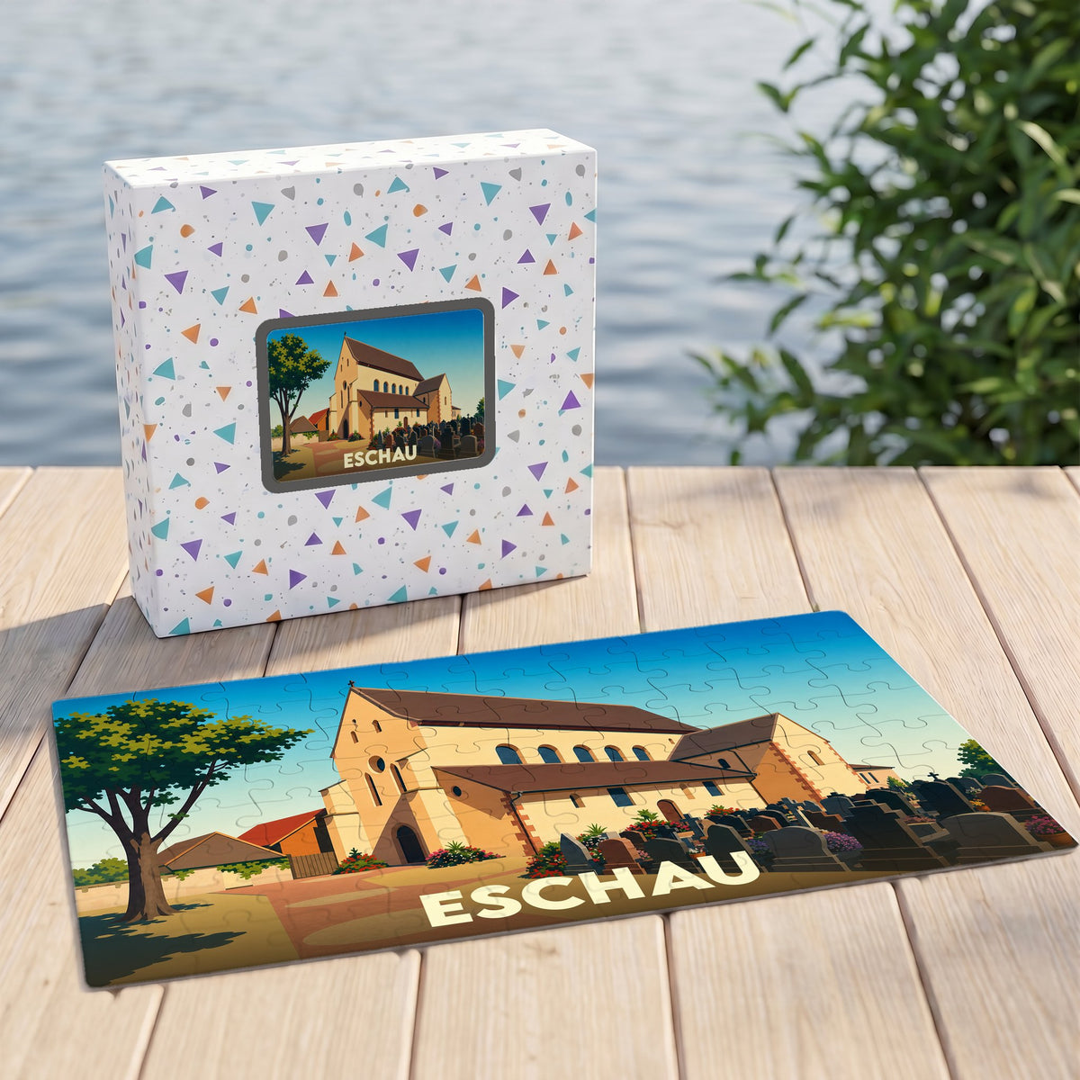 Puzzle souvenir de la ville d'Eschau illustrant son église abbatiale dans un style épuré.