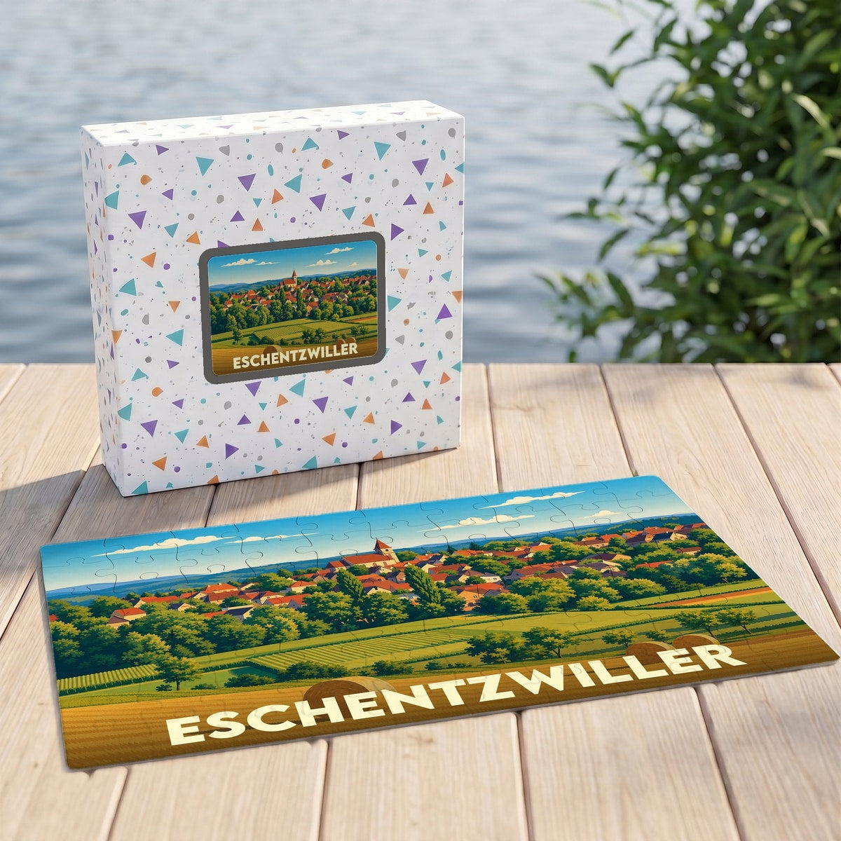 Puzzle souvenir de la ville de Eschentzwiller avec une illustration stylisée de son paysage champêtre.