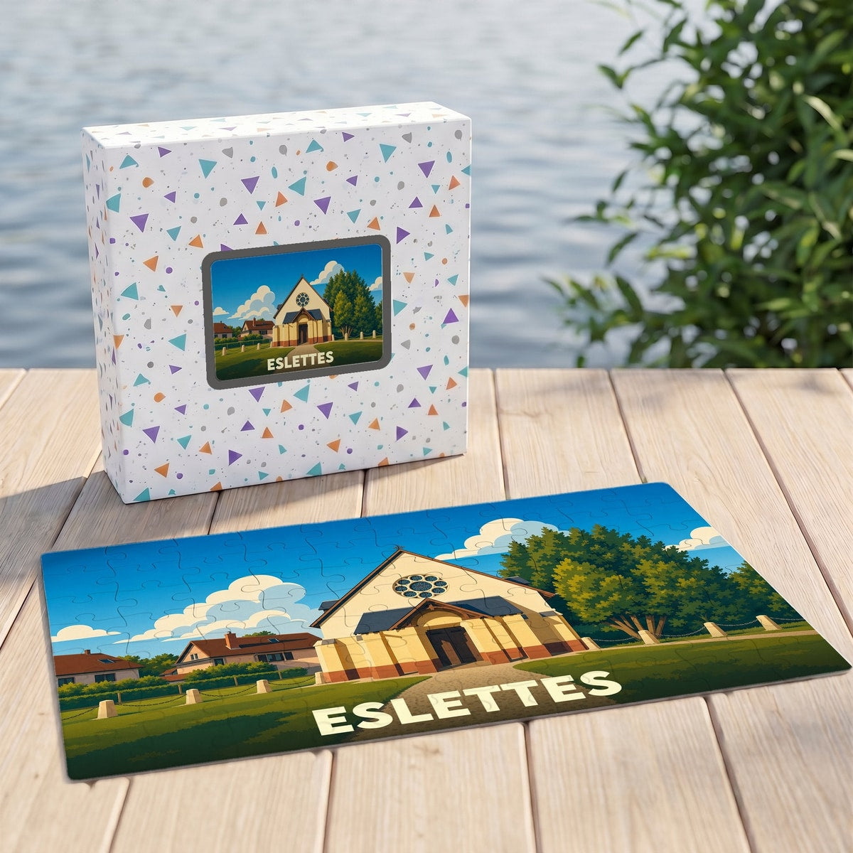 Puzzle souvenir de la ville d'Eslettes avec une illustration stylisée de son église.