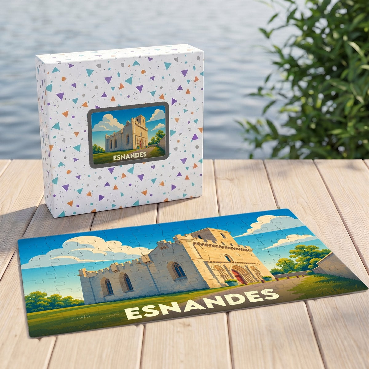 Puzzle souvenir de la ville d'Esnandes illustrant son église fortifiée dans un style coloré.