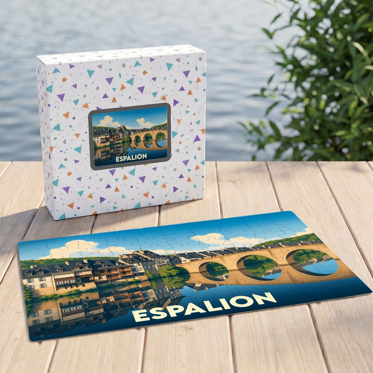 Puzzle souvenir de la ville d'Espalion avec une illustration stylisée d'un pont en pierre.