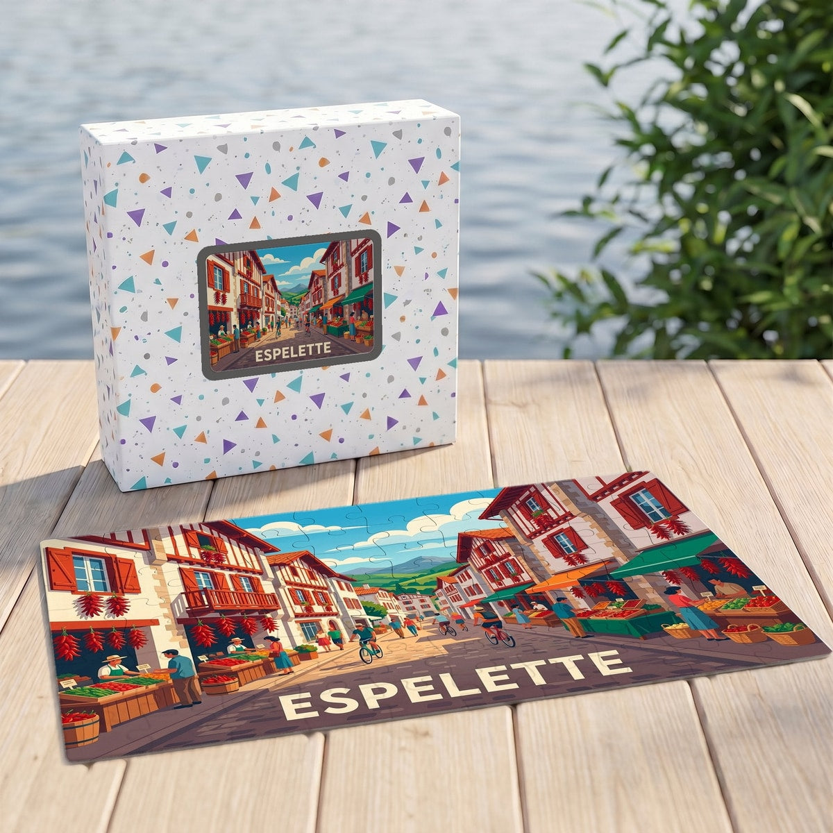 Puzzle souvenir de la ville d'Espelette illustrant une rue pittoresque avec ses piments rouges typiques.