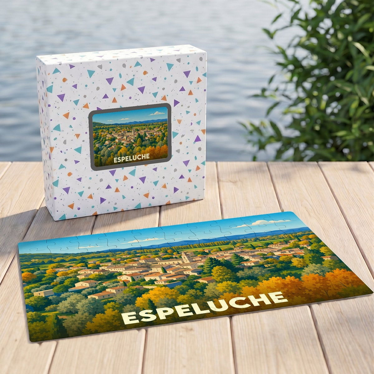 Puzzle souvenir de la ville d'Espeluche avec une illustration paysagère stylisée.