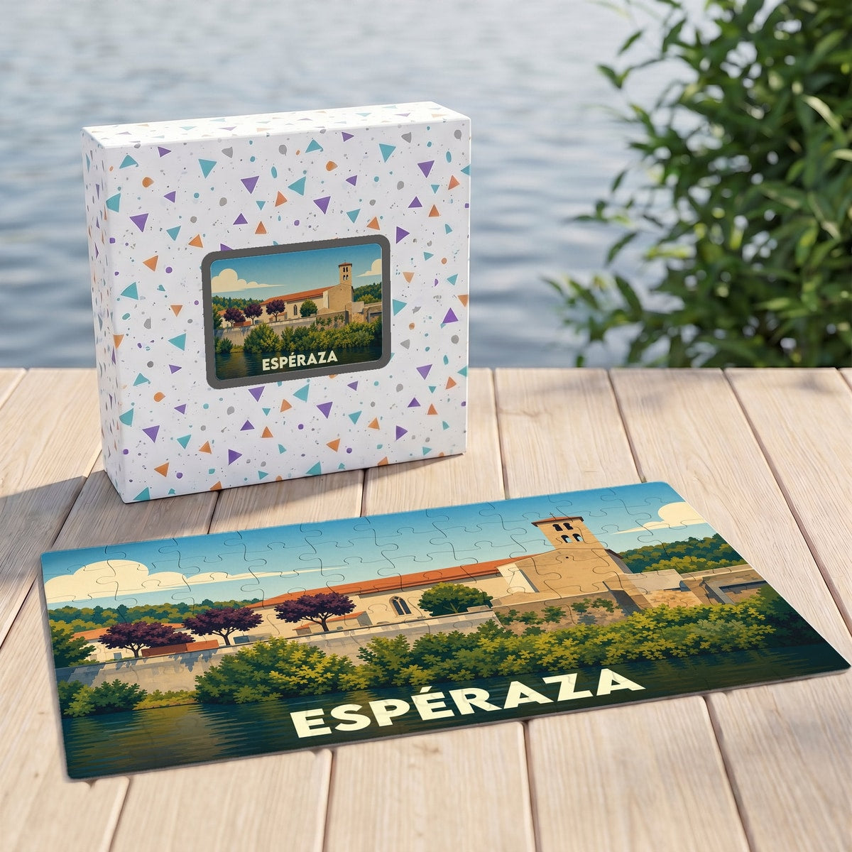 Puzzle souvenir de la ville d'Espéraza avec une illustration stylisée représentant un bâtiment historique au bord de l'eau.