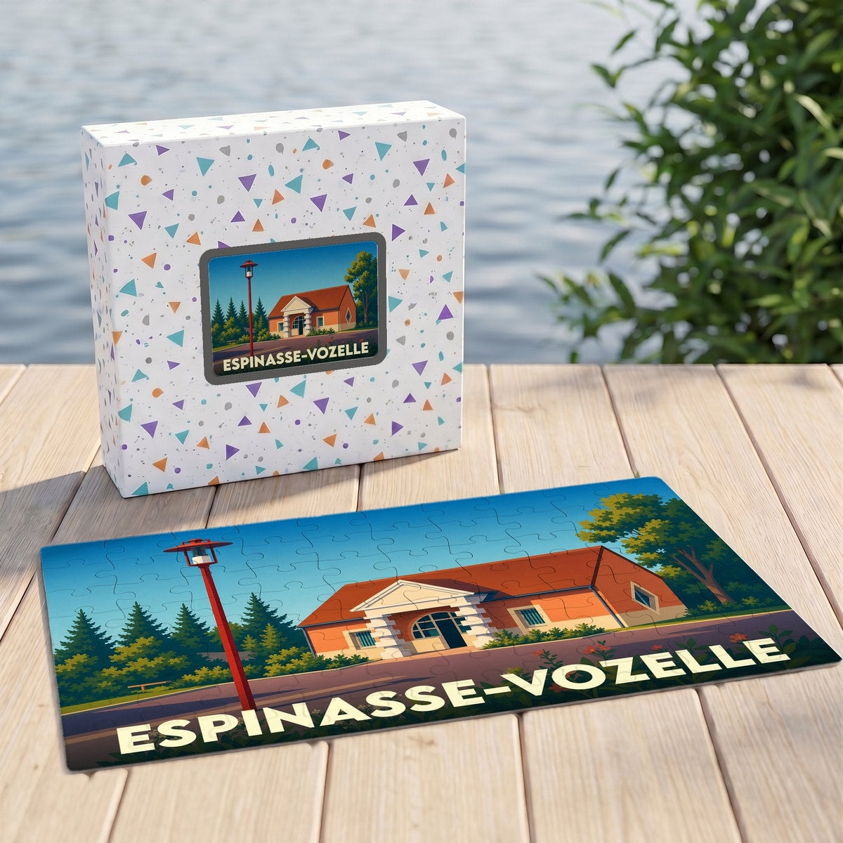 Puzzle souvenir de la ville d'Espinasse-Vozelle avec une illustration stylisée de son paysage urbain.