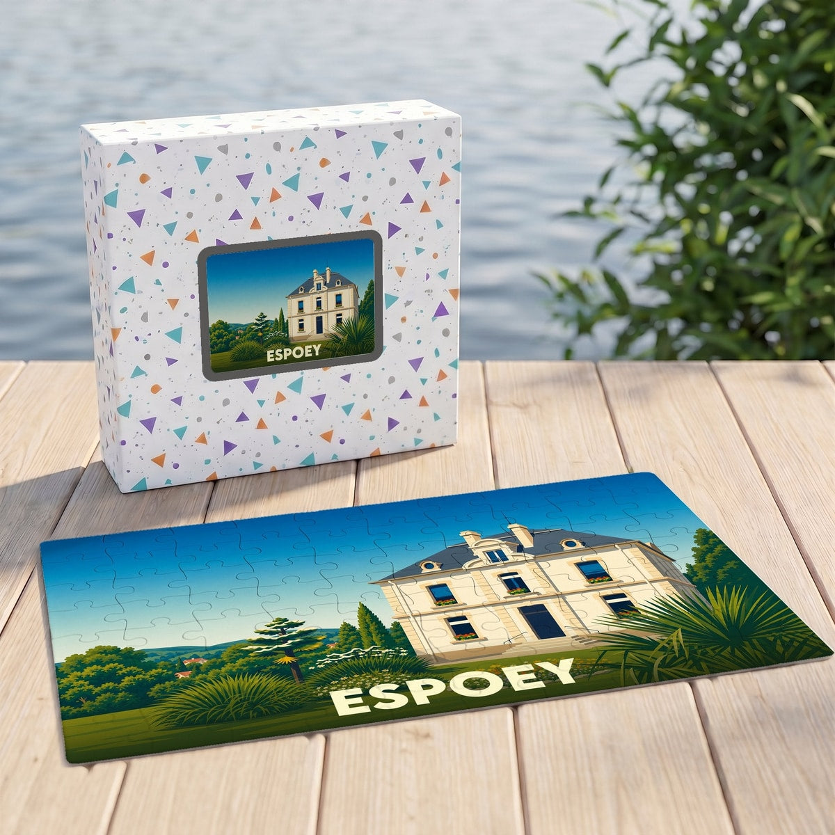 Puzzle souvenir de la ville de Espoey avec une illustration stylisée d'une demeure bourgeoise.