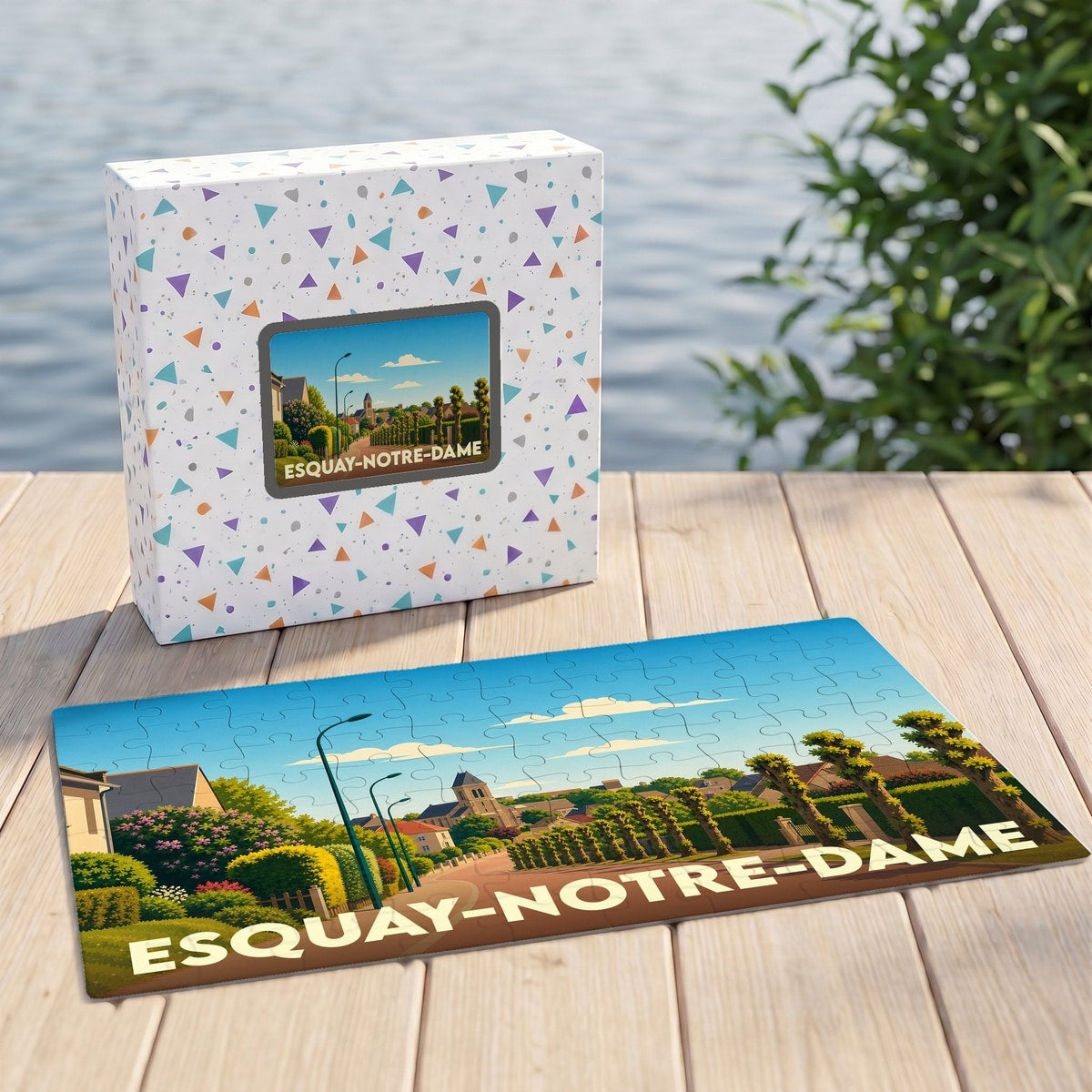Puzzle souvenir de la ville de Esquay-Notre-Dame avec une illustration stylisée et colorée.