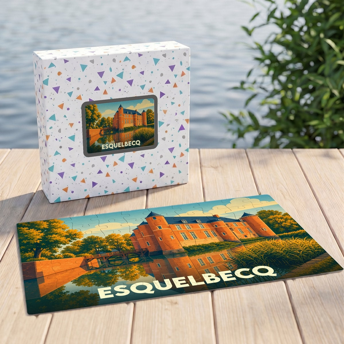 Puzzle souvenir de la ville d'Esquelbecq avec une illustration stylisée d'un château au bord de l'eau.