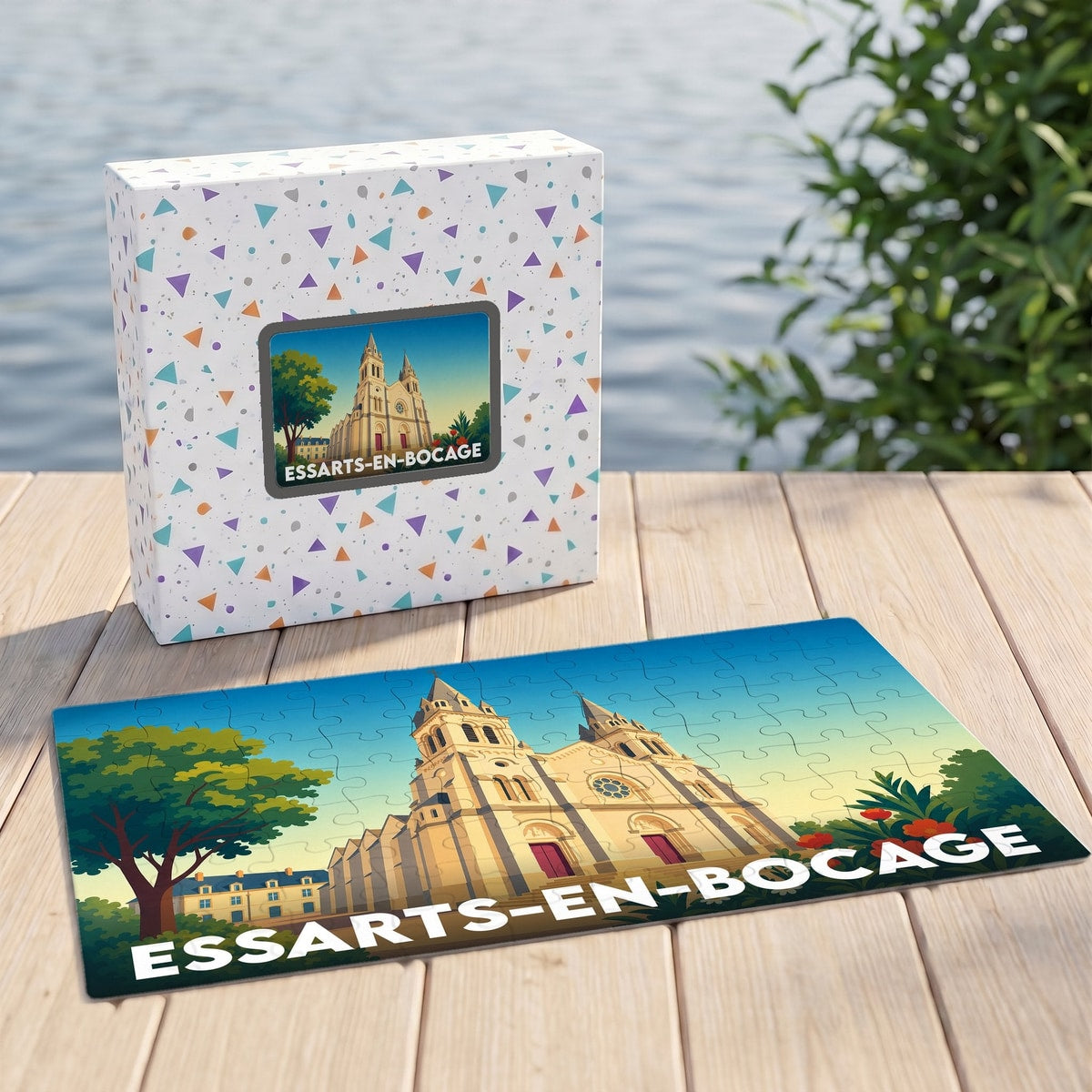 Puzzle souvenir de la ville de Essarts-en-Bocage avec une illustration stylisée de son église et de son nom.