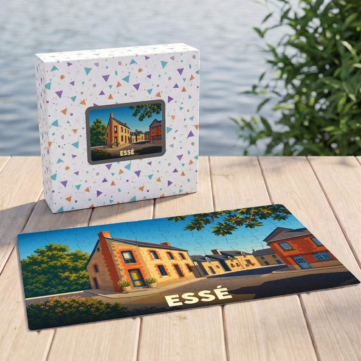 Puzzle souvenir de la ville d'Essé avec une illustration stylisée de ses rues et maisons colorées.
