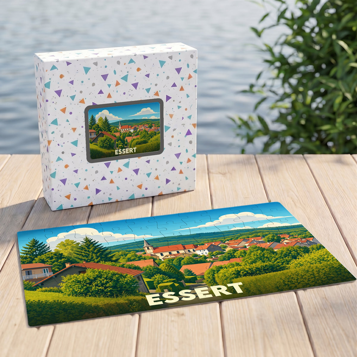 Puzzle souvenir de la ville d'Essert représentant un paysage illustré dans son coffret assorti.