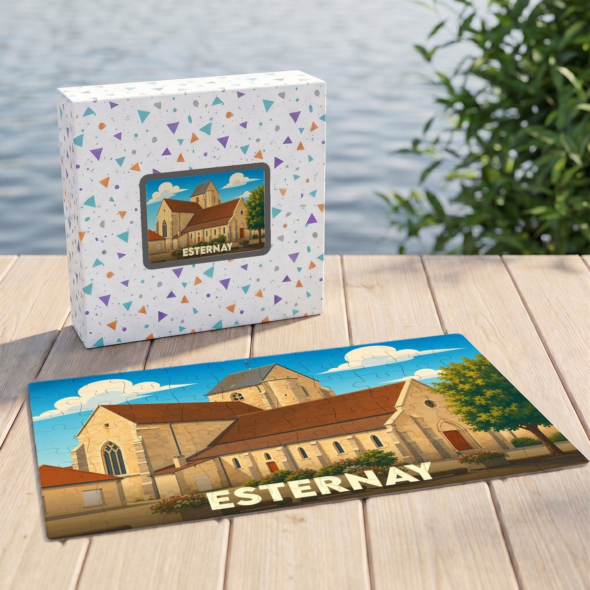 Puzzle souvenir de la ville de Esternay avec une illustration stylisée.