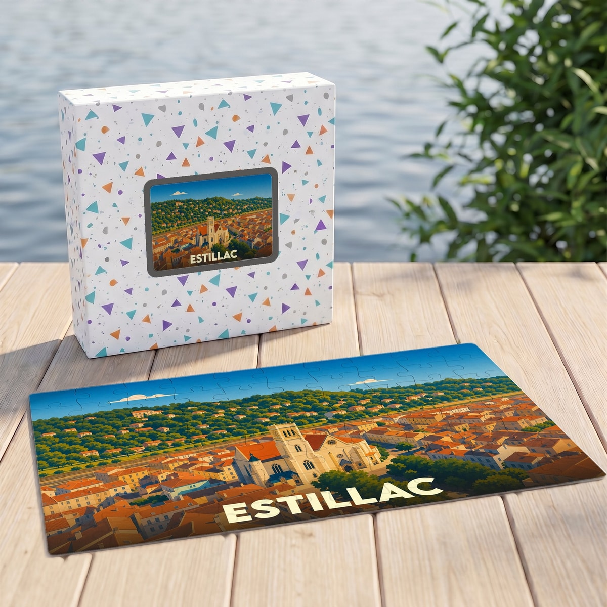 Puzzle souvenir de la ville d'Estillac avec une illustration stylisée et sa boîte assortie.