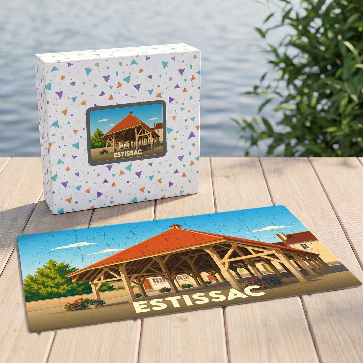 Puzzle souvenir de la ville d'Estissac avec une illustration stylisée d'une halle couverte traditionnelle.
