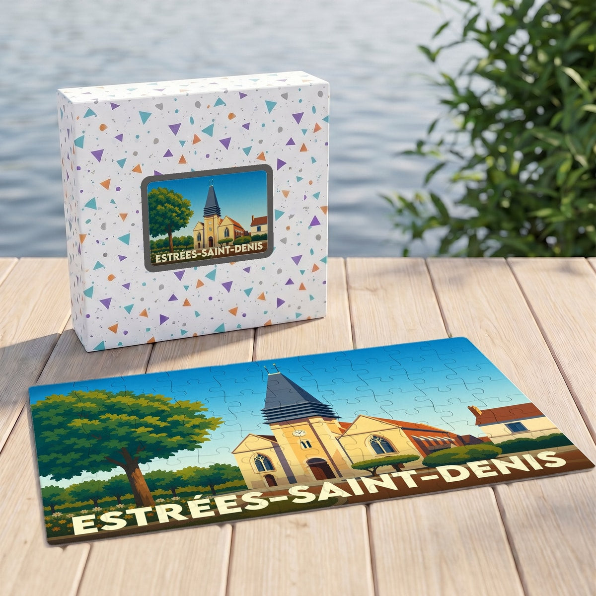 Puzzle souvenir de la ville d'Estrées-Saint-Denis avec une illustration stylisée de son église.
