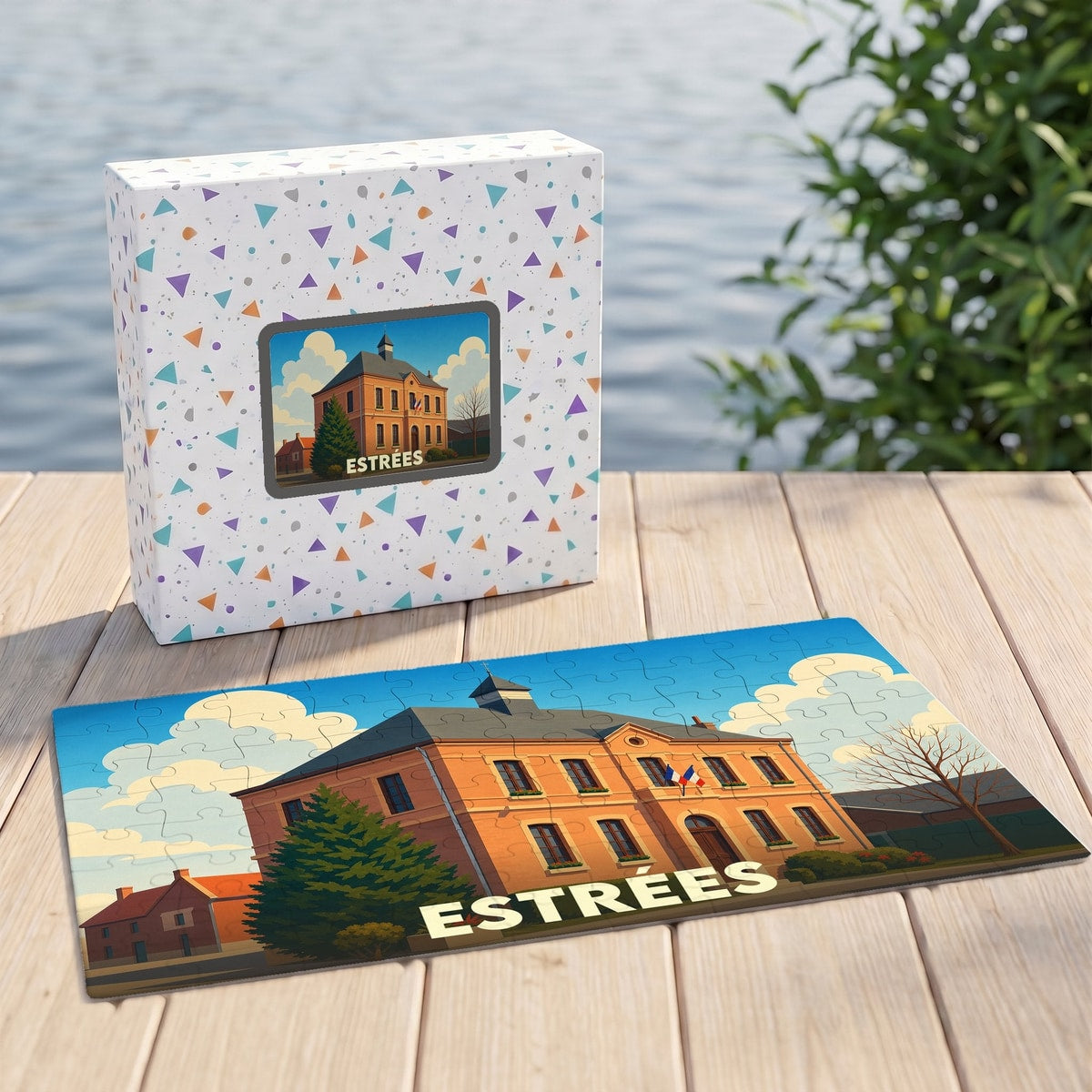Puzzle souvenir de la ville d'Estrées avec une illustration stylisée de son hôtel de ville.