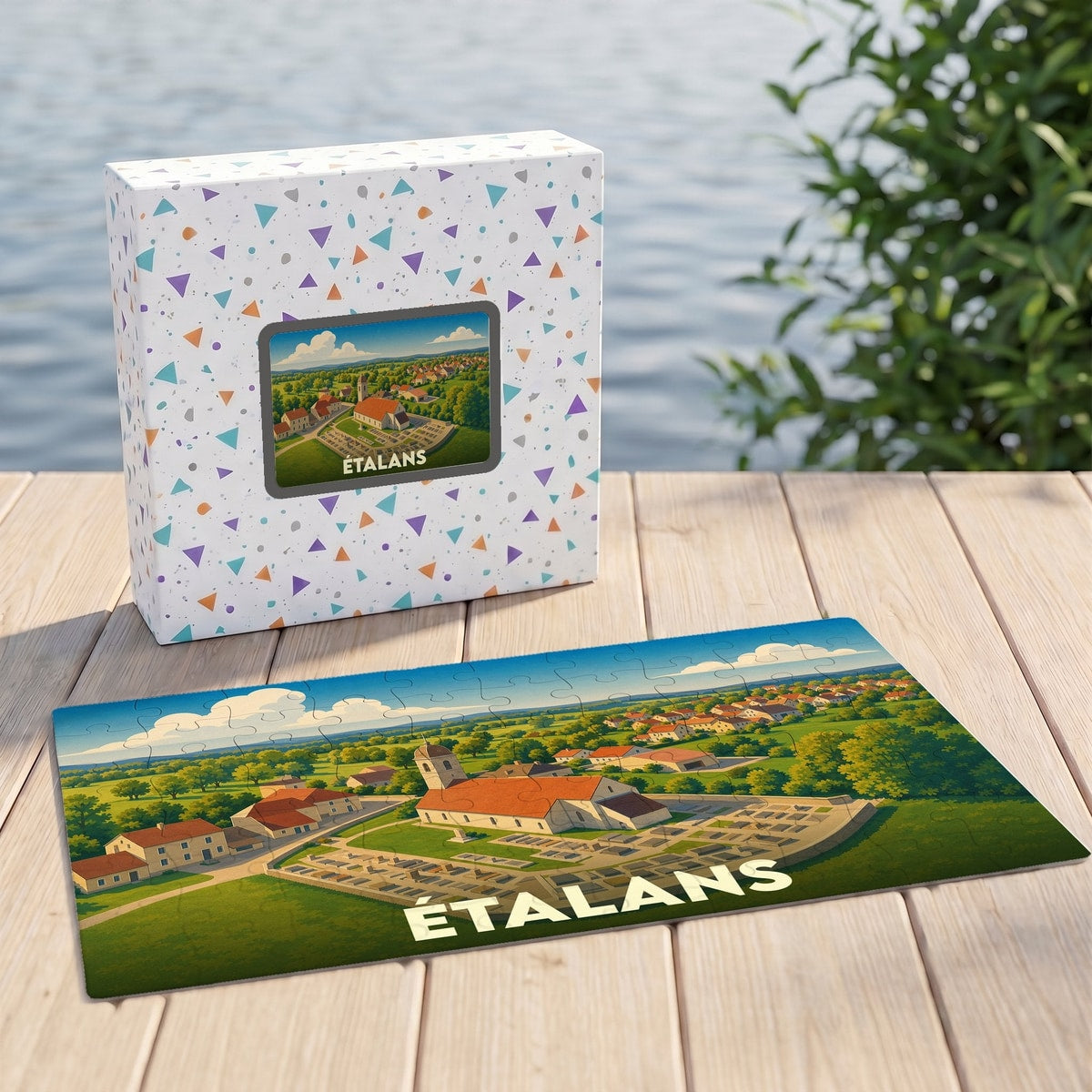 Puzzle souvenir de la ville de Étalans avec une illustration stylisée d'un paysage de campagne.
