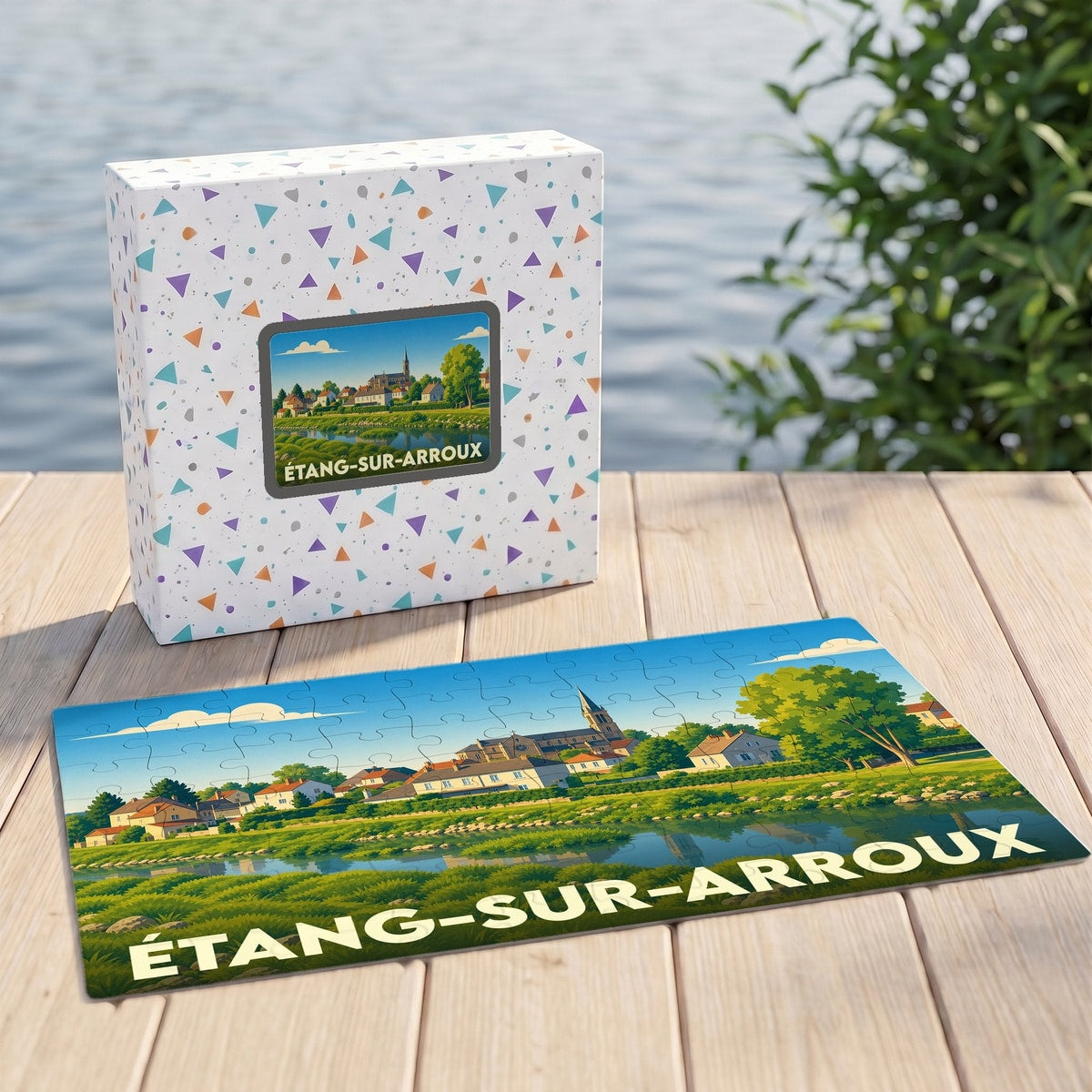 Puzzle souvenir de la ville d'Étang-sur-Arroux illustré par un paysage de bord de rivière coloré.