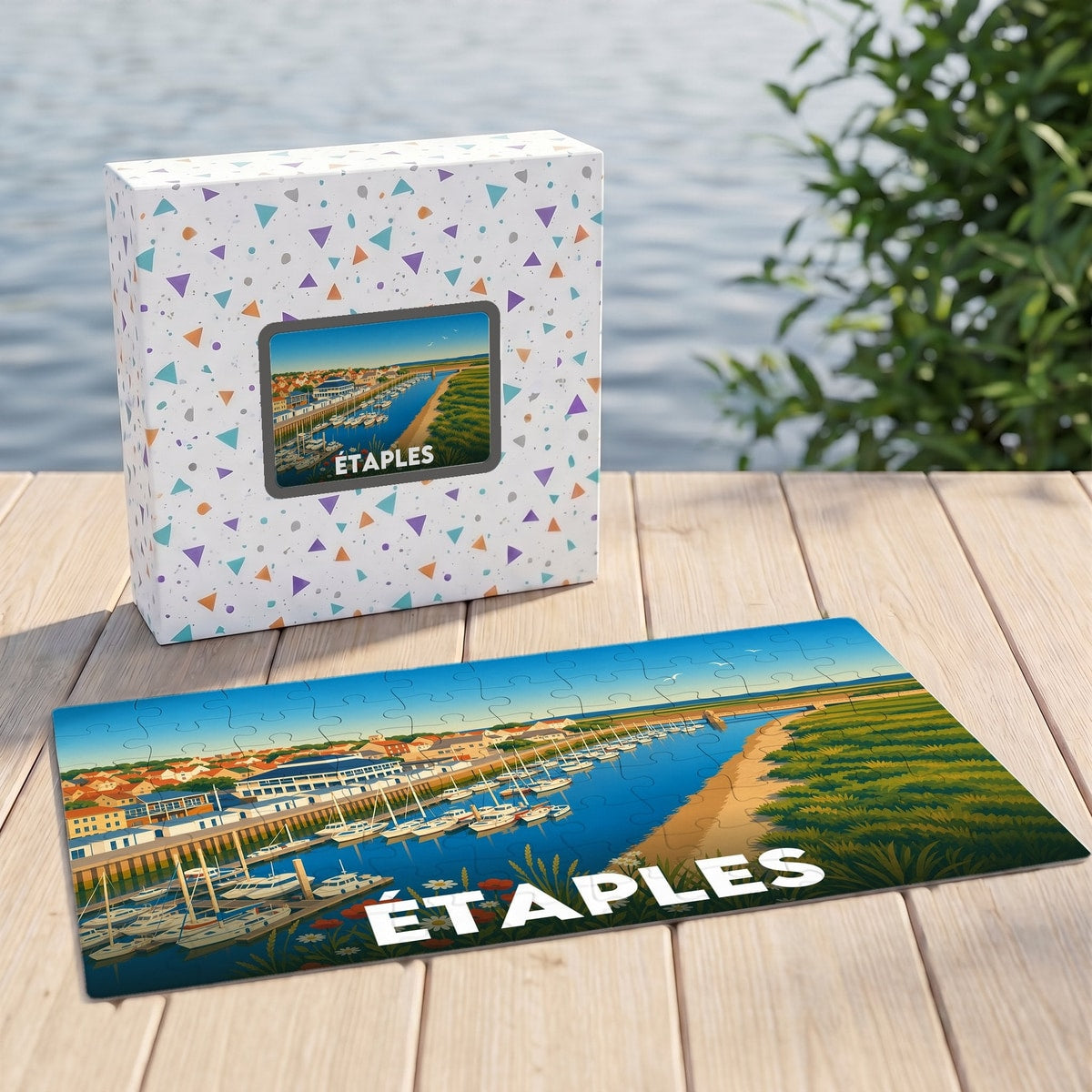 Puzzle souvenir de la ville d'Étaples avec une illustration stylisée de son port de plaisance.
