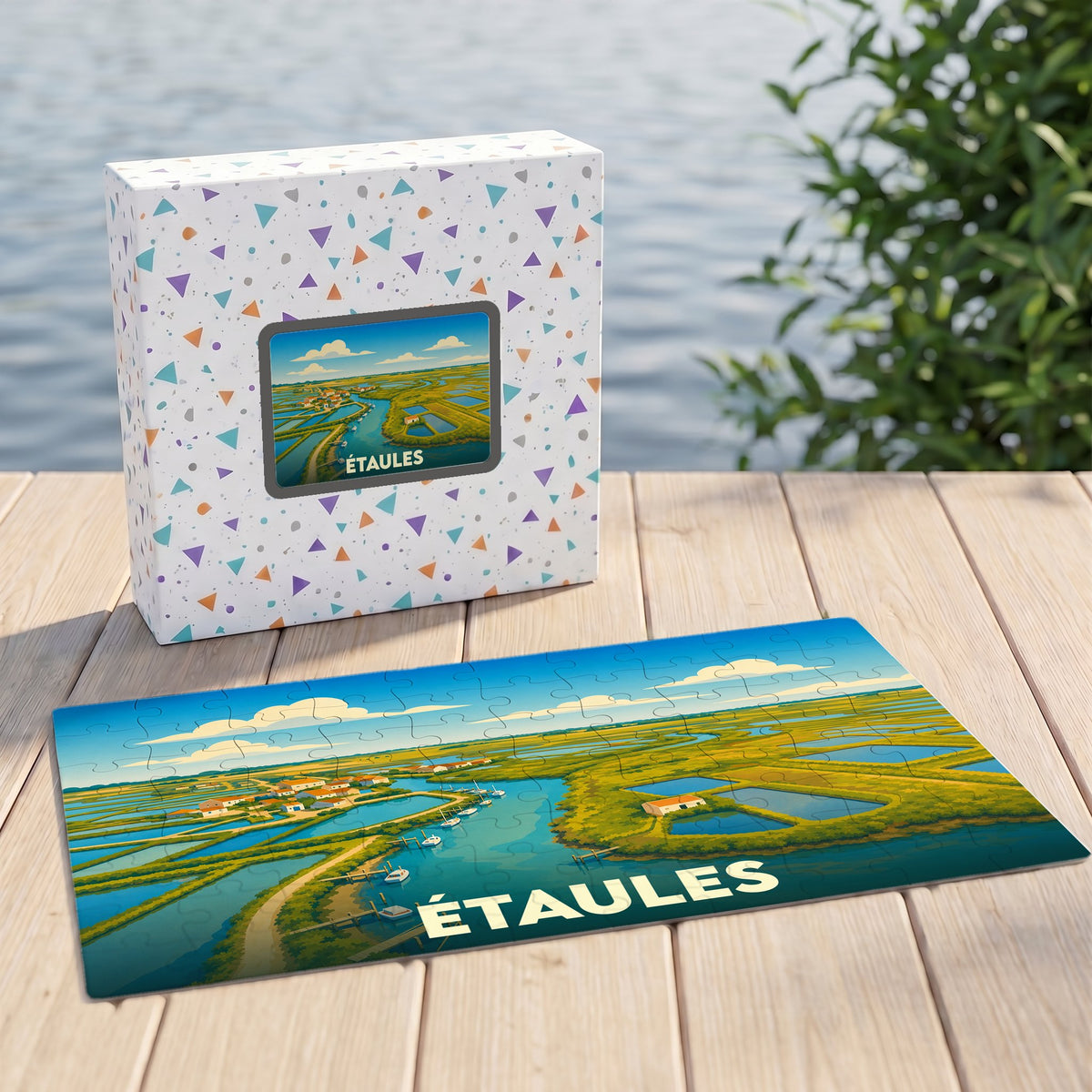 Puzzle souvenir de la ville d'Étaules présentant une illustration stylisée de ses marais et paysages ostréicoles.