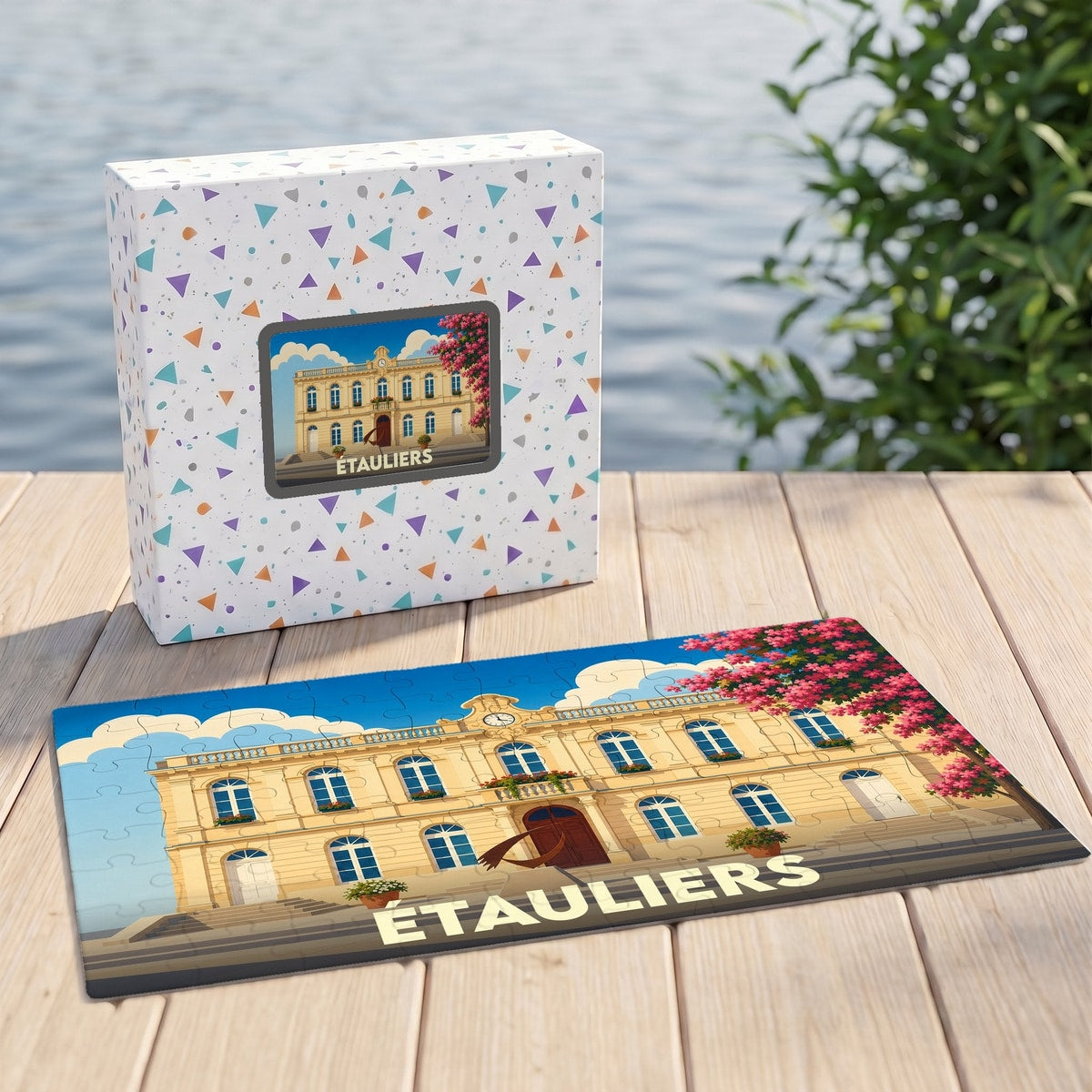 Puzzle souvenir de la ville de Étauliers avec une illustration stylisée.