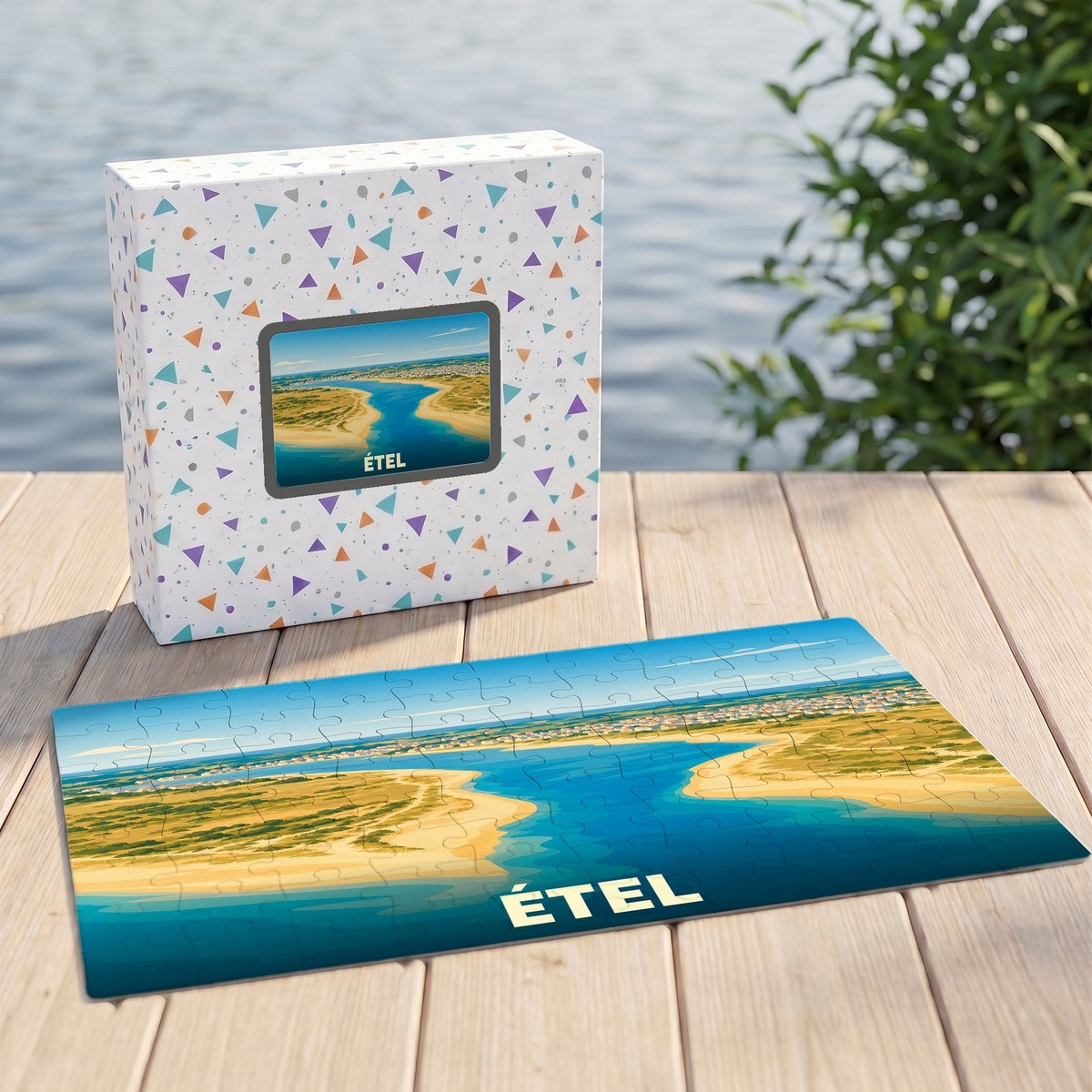 Puzzle souvenir de la ville d'Étel représentant une illustration stylisée de sa célèbre ria.
