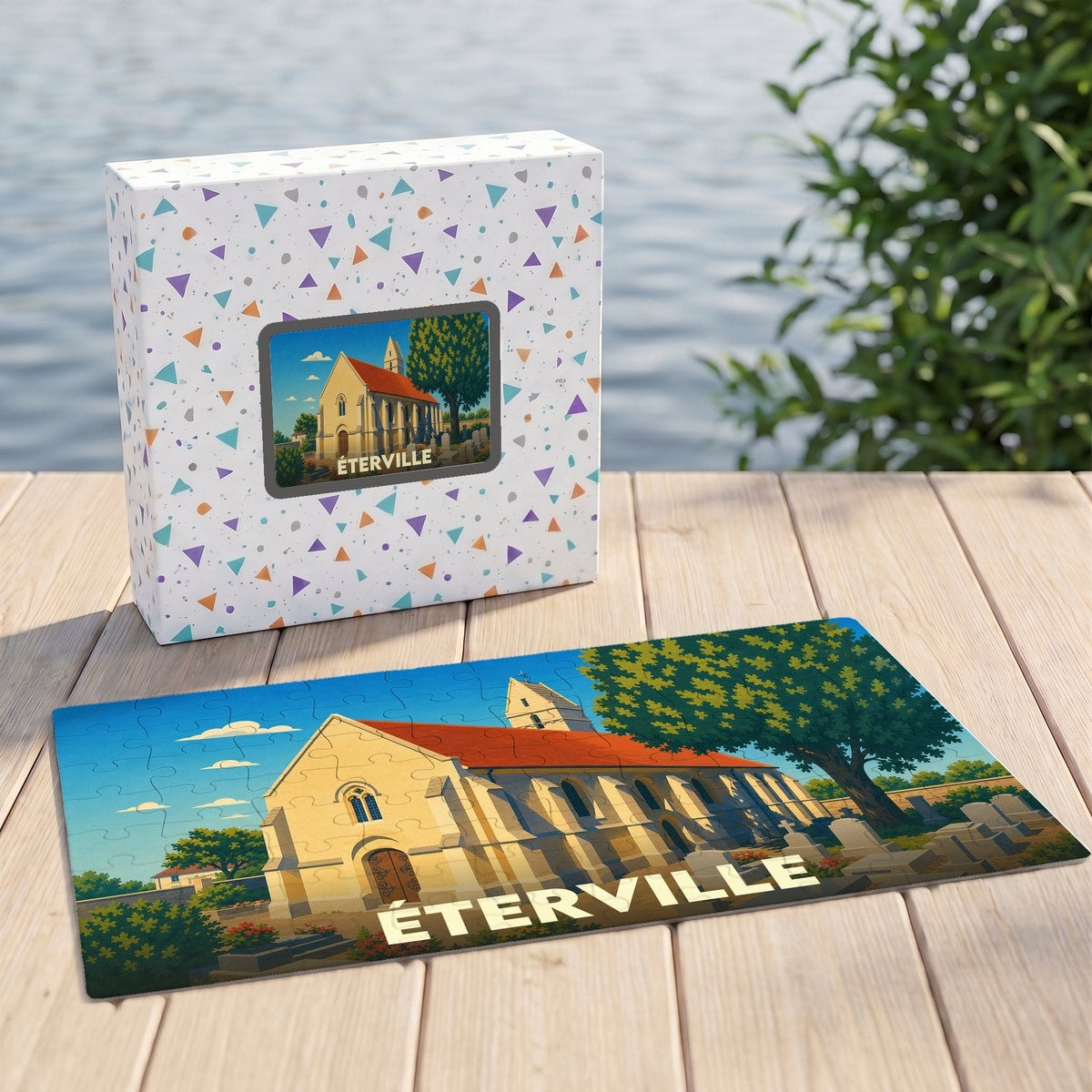 Puzzle souvenir de la ville de Éterville avec une illustration stylisée de son église.