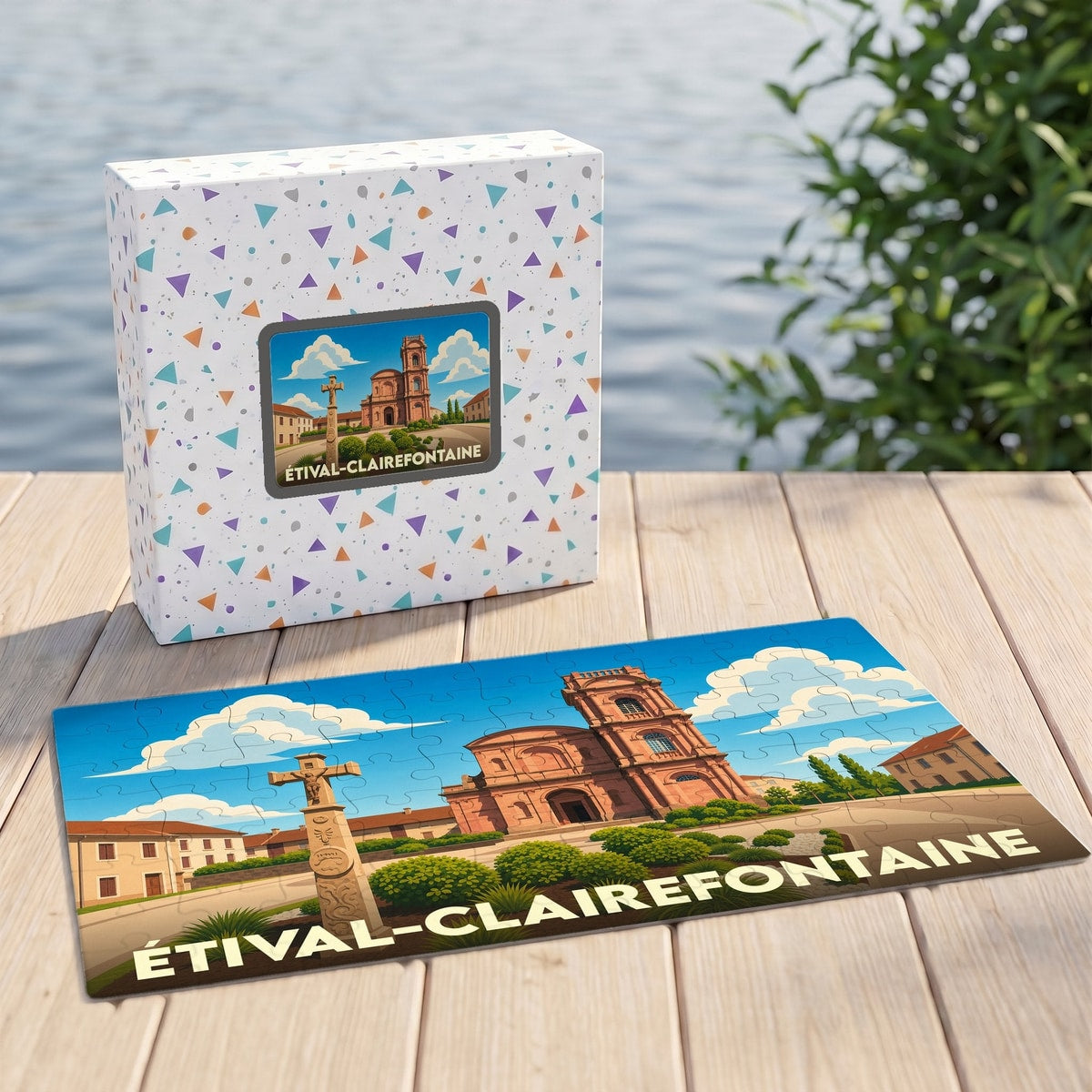 Puzzle souvenir de la ville d'Étival-Clairefontaine avec une illustration stylisée de son abbaye et de sa boîte assortie.