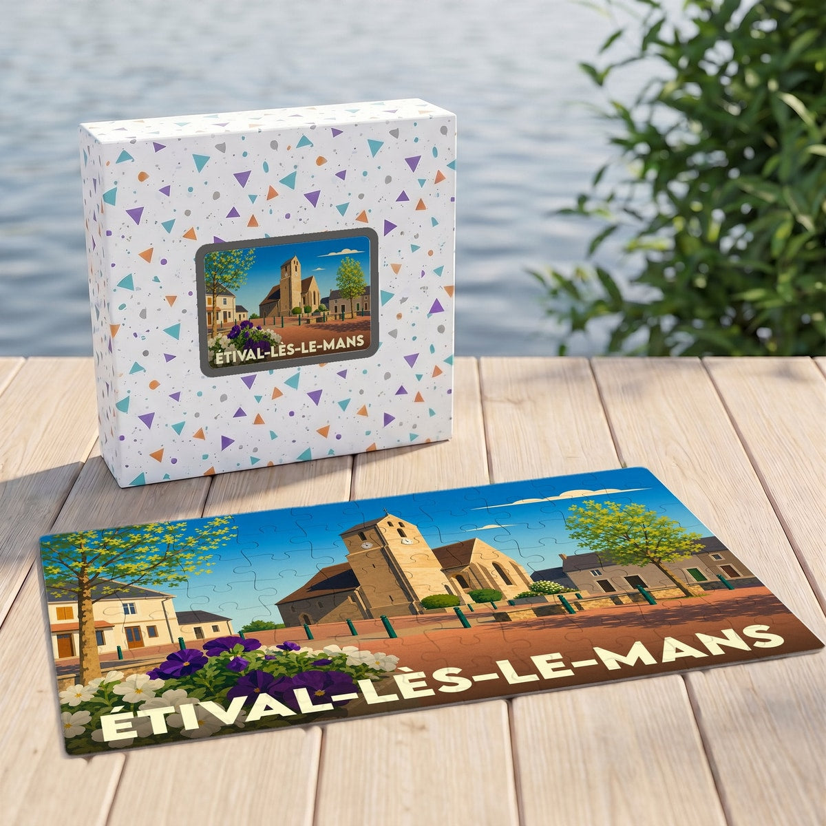 Puzzle souvenir de la ville d'Étival-lès-le-Mans avec une illustration stylisée de son église et de sa place.