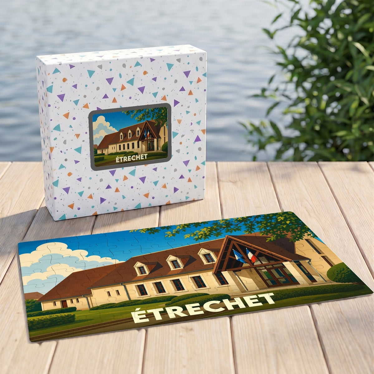 Puzzle souvenir de la ville d'Étrechet avec une illustration stylisée d'un bâtiment communal.