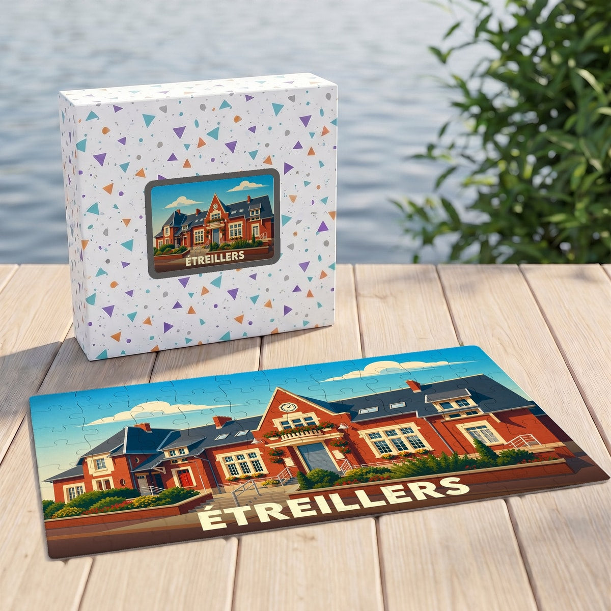 Puzzle souvenir de la ville d'Étreillers avec une illustration stylisée d'un bâtiment en briques rouges.