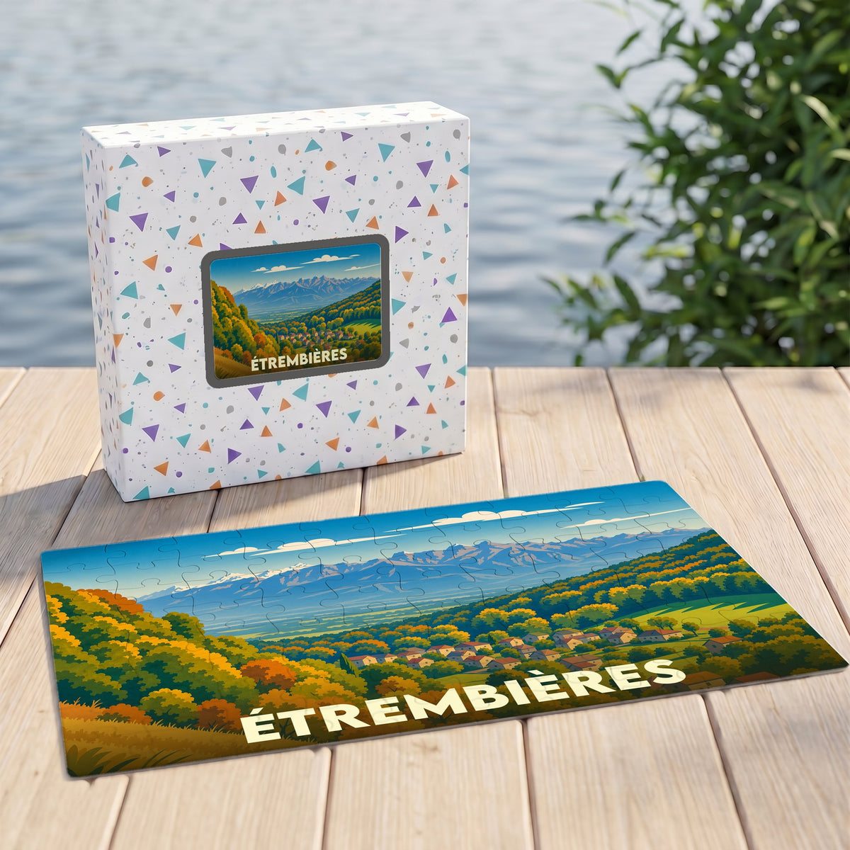 Puzzle souvenir de la ville de Étrembières représentant un paysage de montagne coloré avec une illustration stylisée.