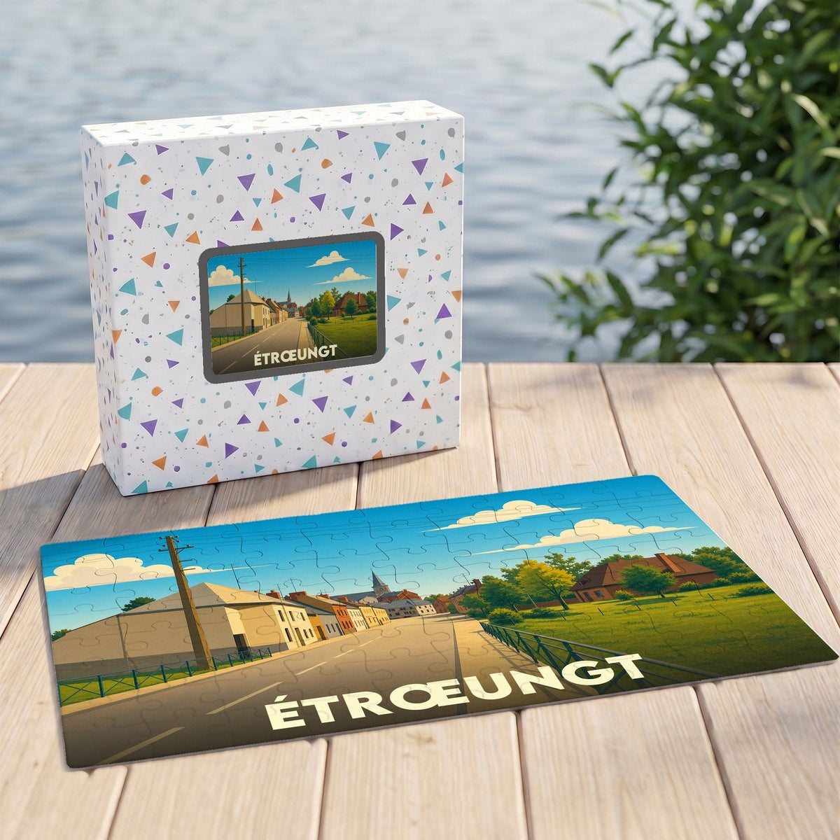 Puzzle souvenir de la ville d'Étrœungt avec une illustration stylisée d'un paysage urbain.