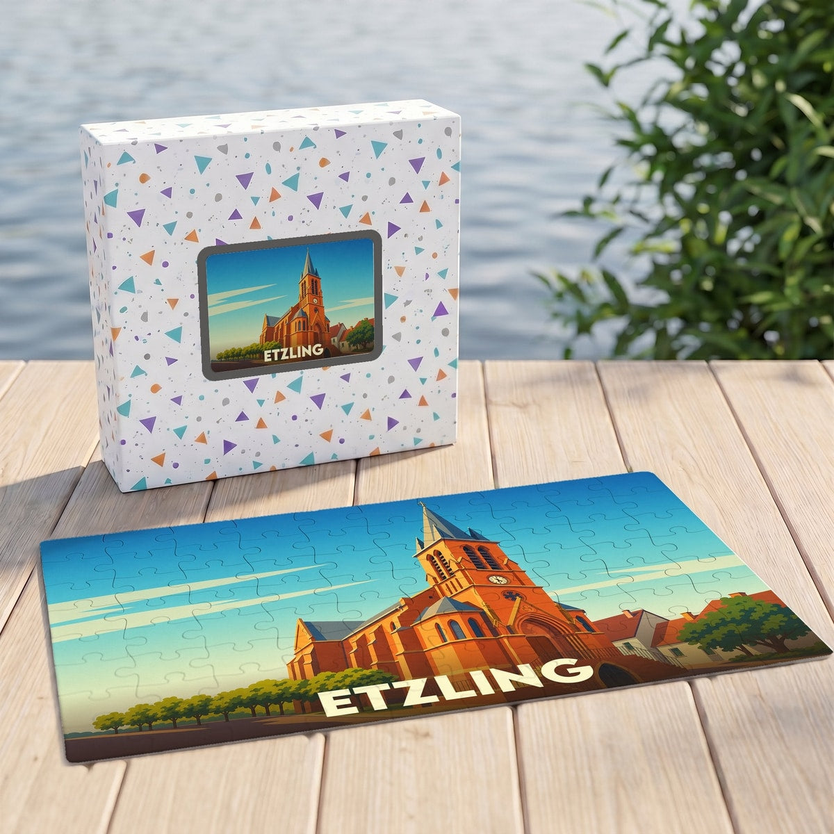 Puzzle souvenir de la ville de Etzling avec une illustration stylisée d'une église sur sa boîte et son plateau.