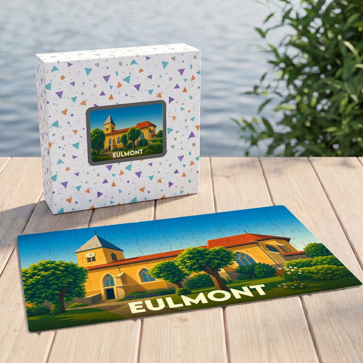 Puzzle souvenir de la ville de Eulmont avec une illustration stylisée d'une église et de jardins.
