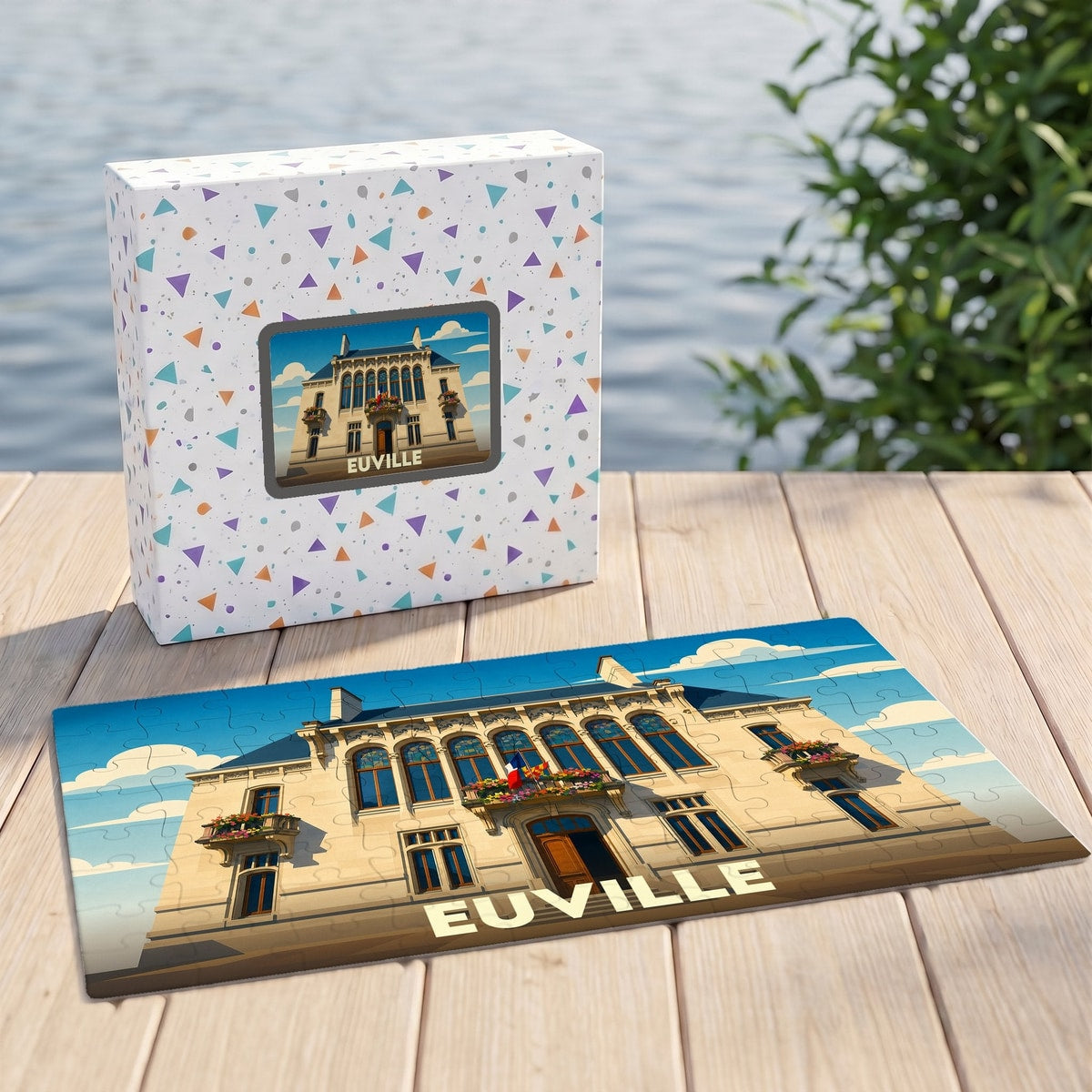 Puzzle souvenir de la ville d'Euville illustrant son hôtel de ville dans un style artistique.