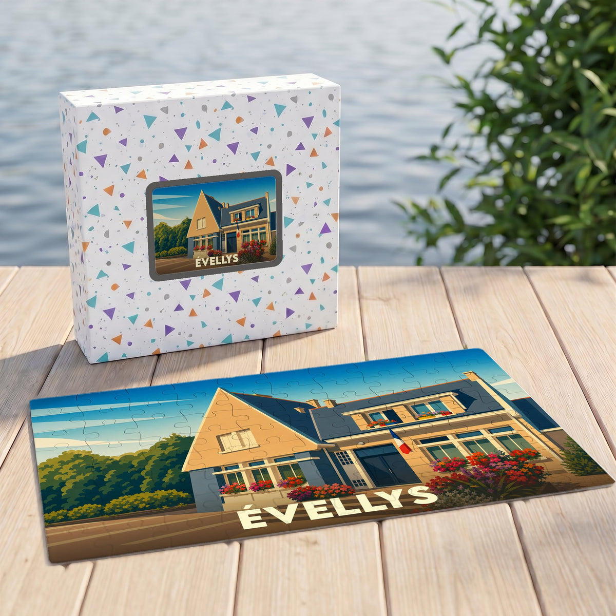 Puzzle souvenir de la ville d'Évellys avec une illustration stylisée d'un bâtiment typique.
