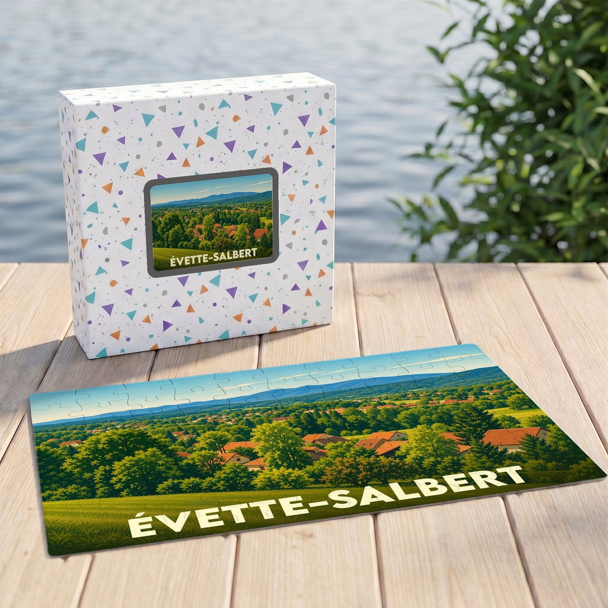 Puzzle souvenir de la ville de Évette-Salbert avec une illustration de paysage panoramique.