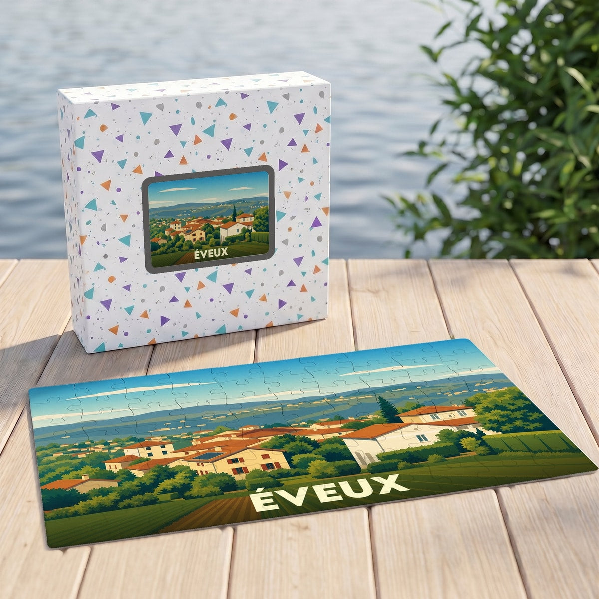 Puzzle souvenir de la ville d'Éveux avec une illustration stylisée de son paysage urbain.