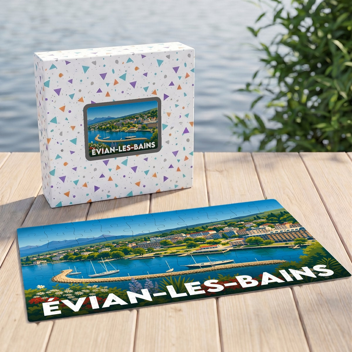 Puzzle souvenir de la ville d'Évian-les-Bains avec une illustration stylisée de son front de mer et de son port.