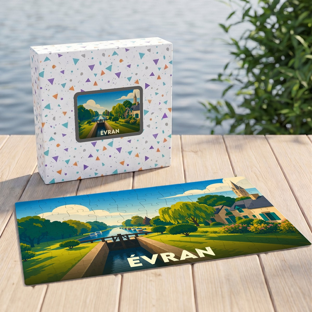 Puzzle souvenir de la ville d'Évran avec une illustration stylisée représentant un canal et son écluse.