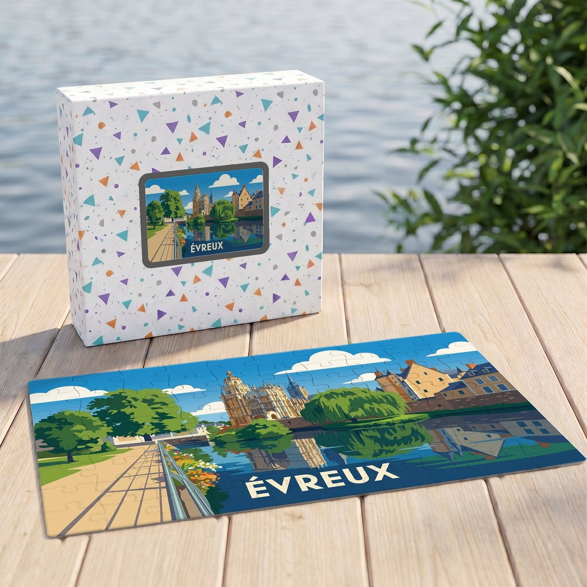 Puzzle souvenir de la ville d'Évreux avec une illustration stylisée et colorée de ses monuments.