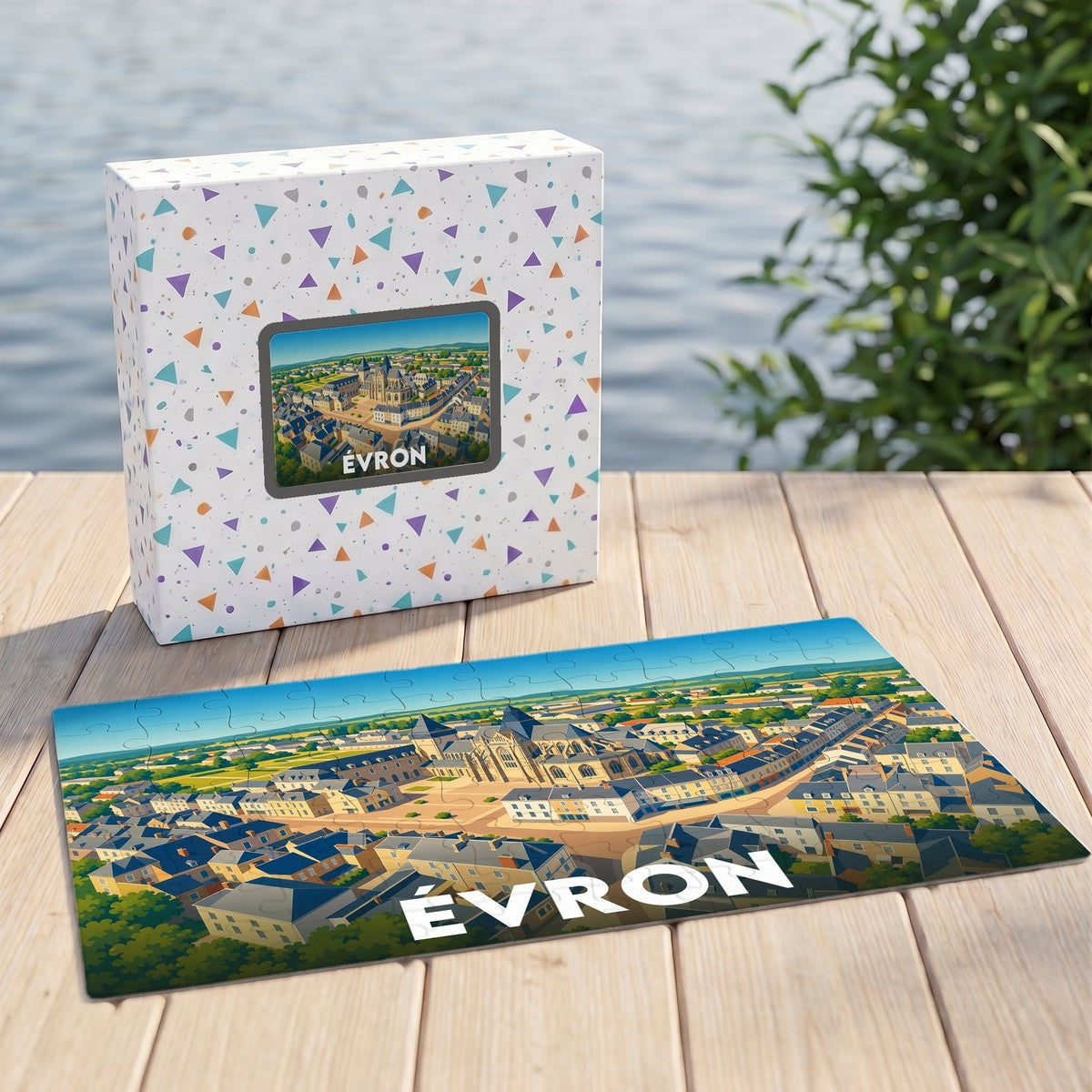 Puzzle souvenir de la ville d'Évron avec une illustration stylisée en vue aérienne.