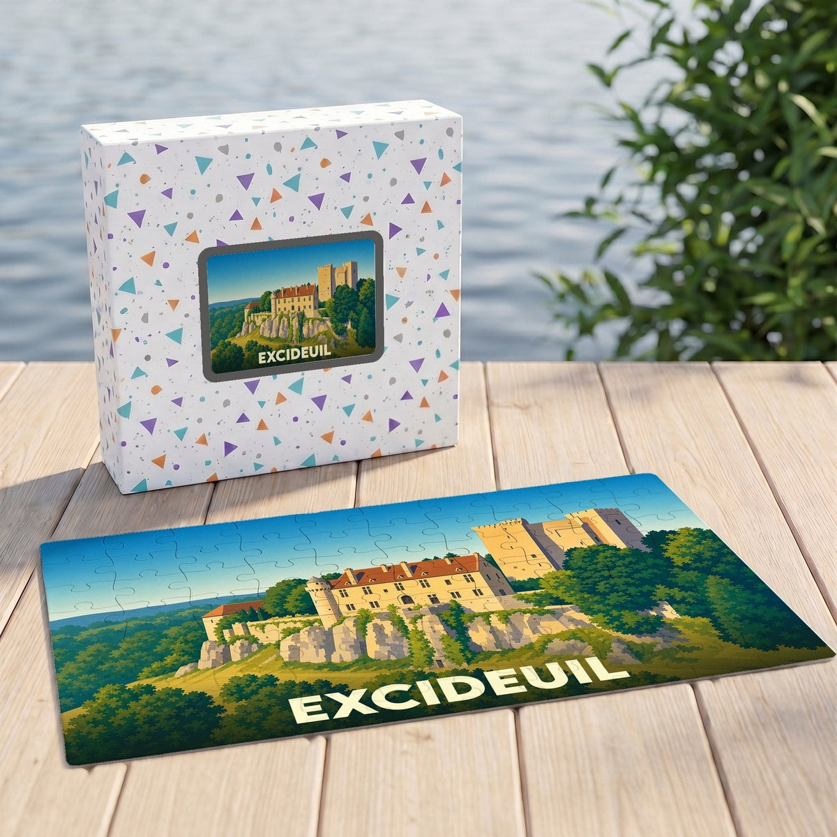 Puzzle souvenir de la ville d'Excideuil avec une illustration stylisée du château sur son socle rocheux.