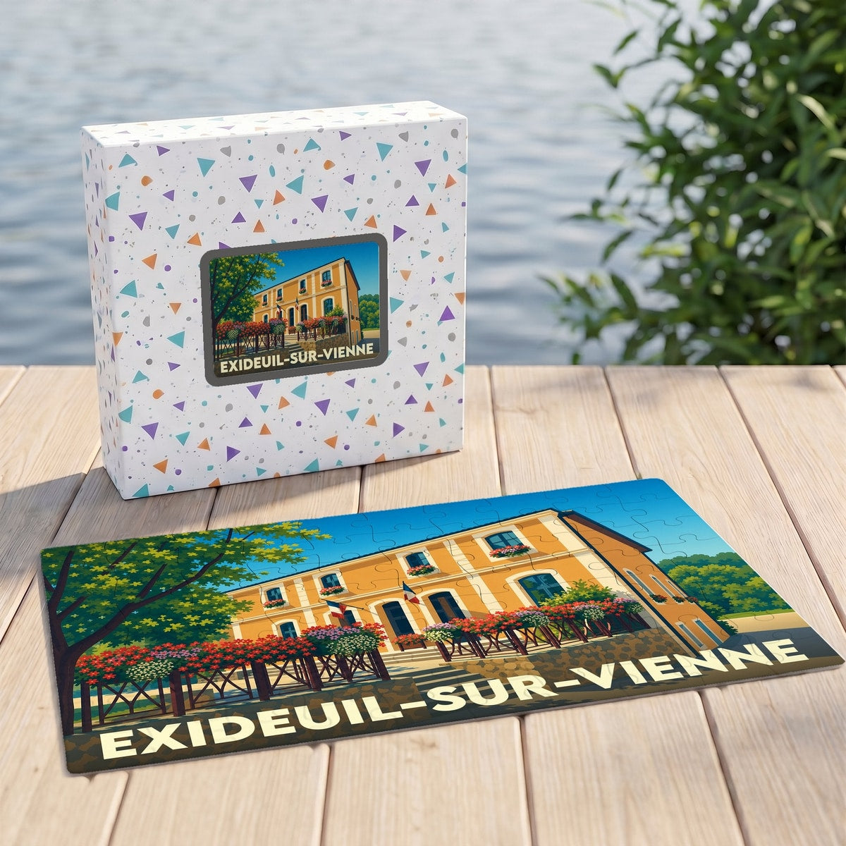 Puzzle souvenir de la ville de Exideuil-sur-Vienne avec une illustration stylisée d'un bâtiment fleuri.